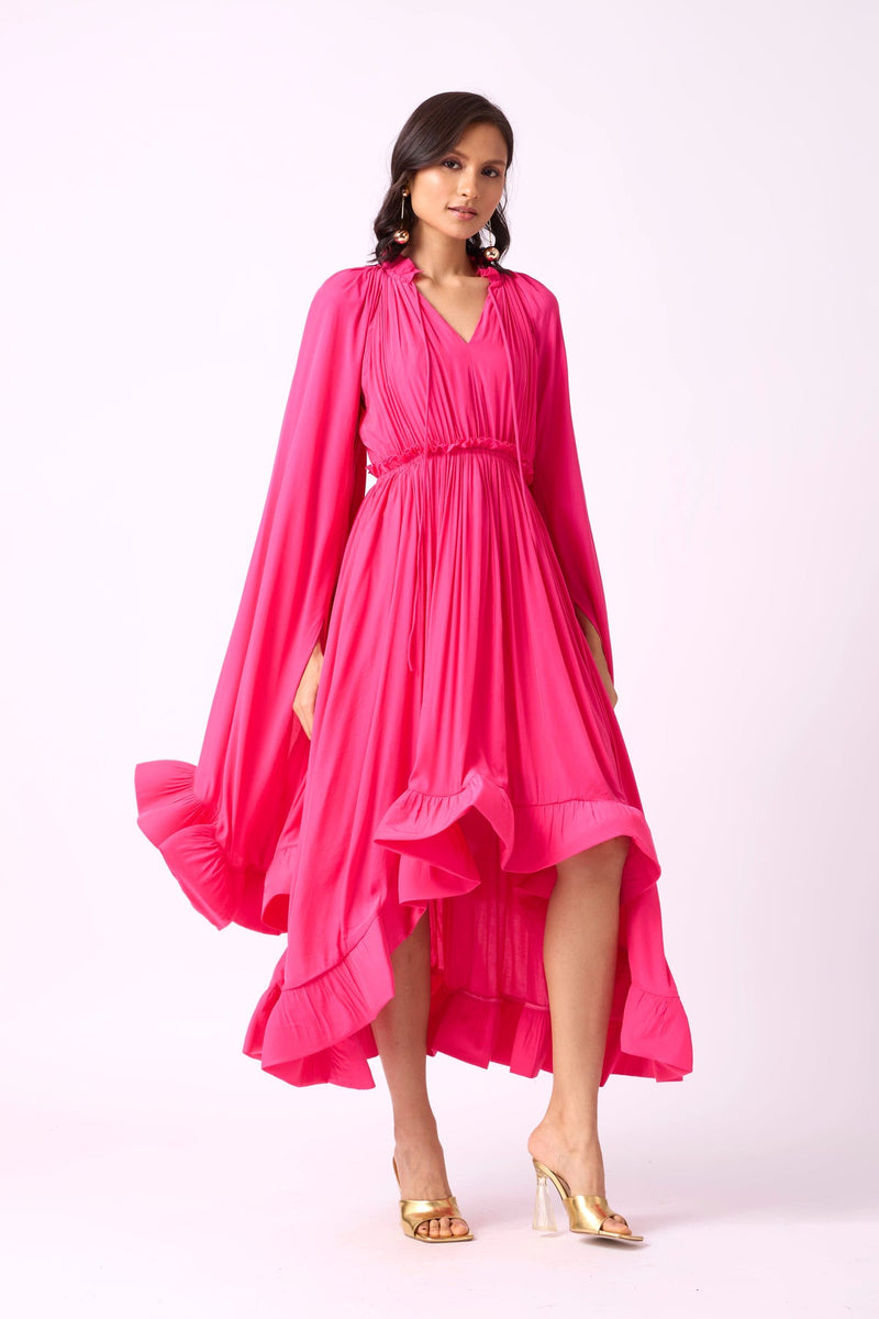 RUFFLE TRIM MAXI DRESS IN ROSE RED