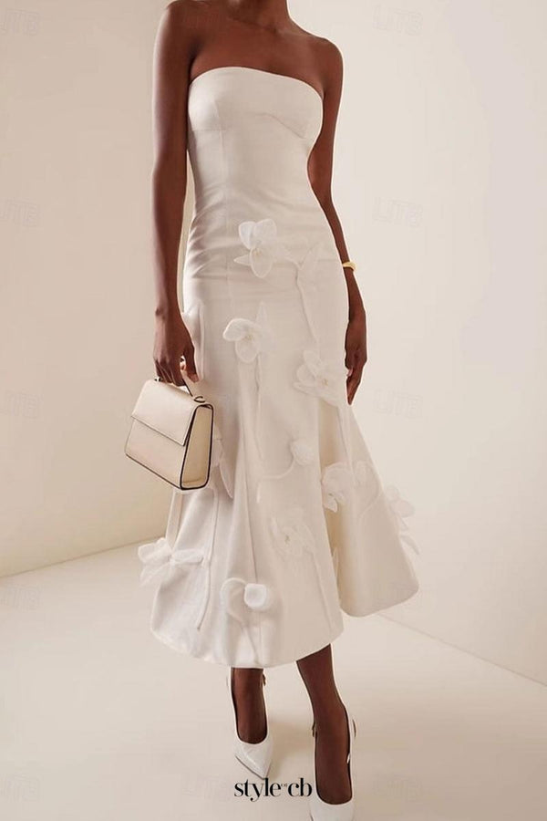 3D Floral Applique Sleeveless Midi dress in white
