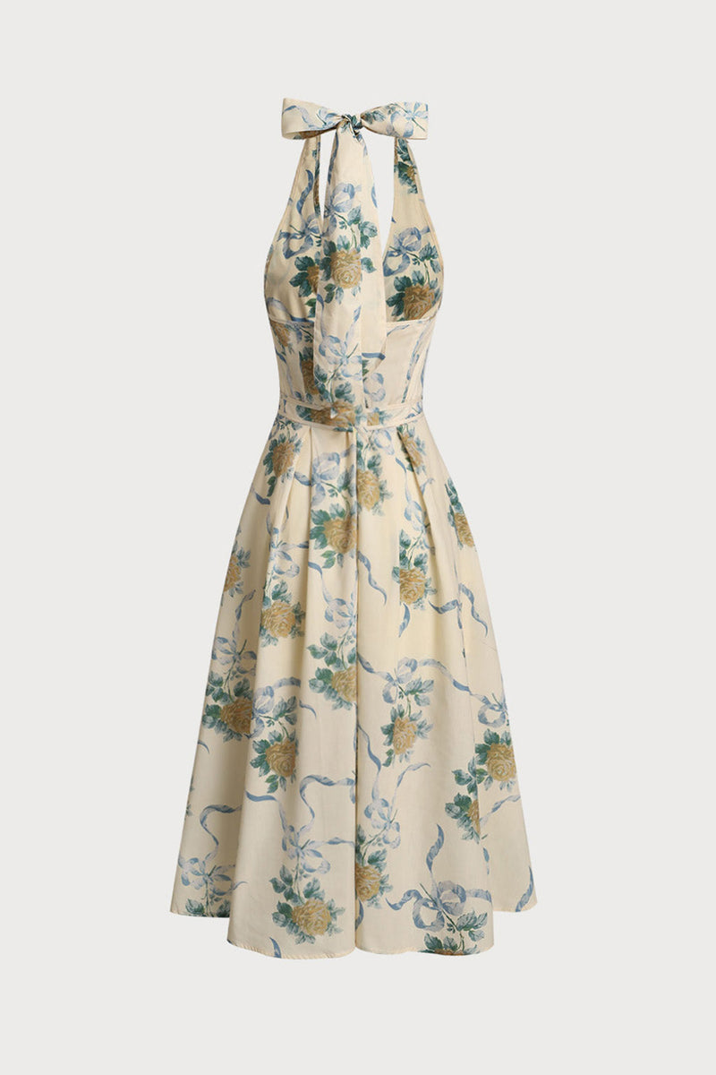 deirdre Floral Print Deep V Neck Midi Dress in yellow