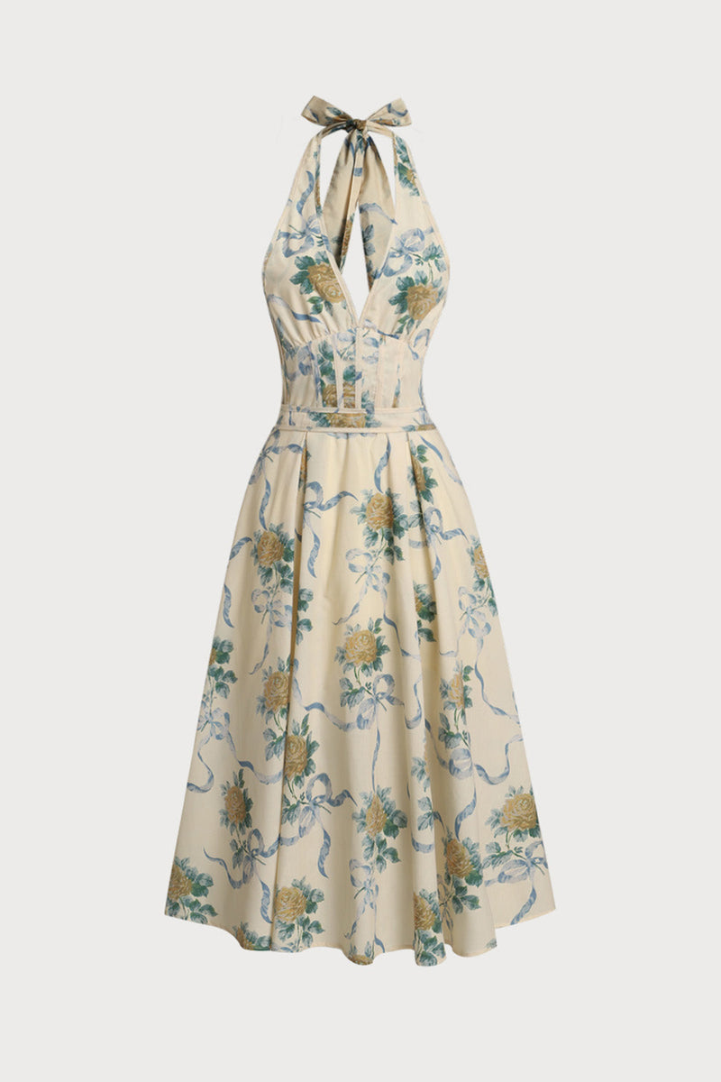 deirdre Floral Print Deep V Neck Midi Dress in yellow