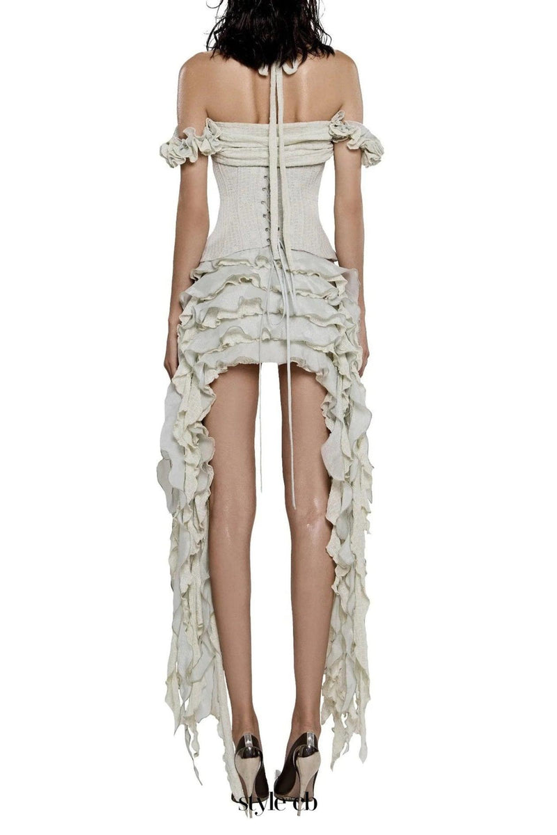 elva halter three-dimensional flower irregular tassel mini dress in Beige