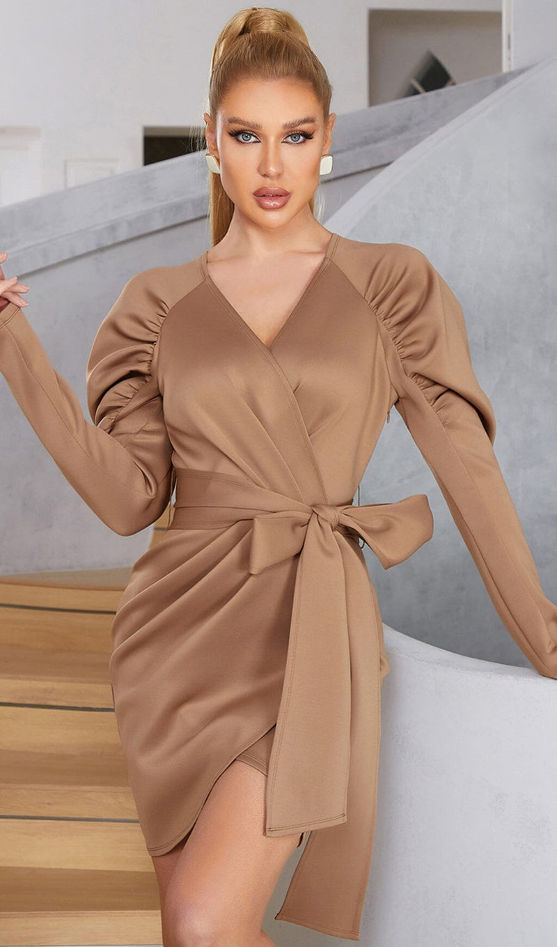 STRETCH LONG SLEEVES MINI DRESS IN PARCHMENT styleofcb 