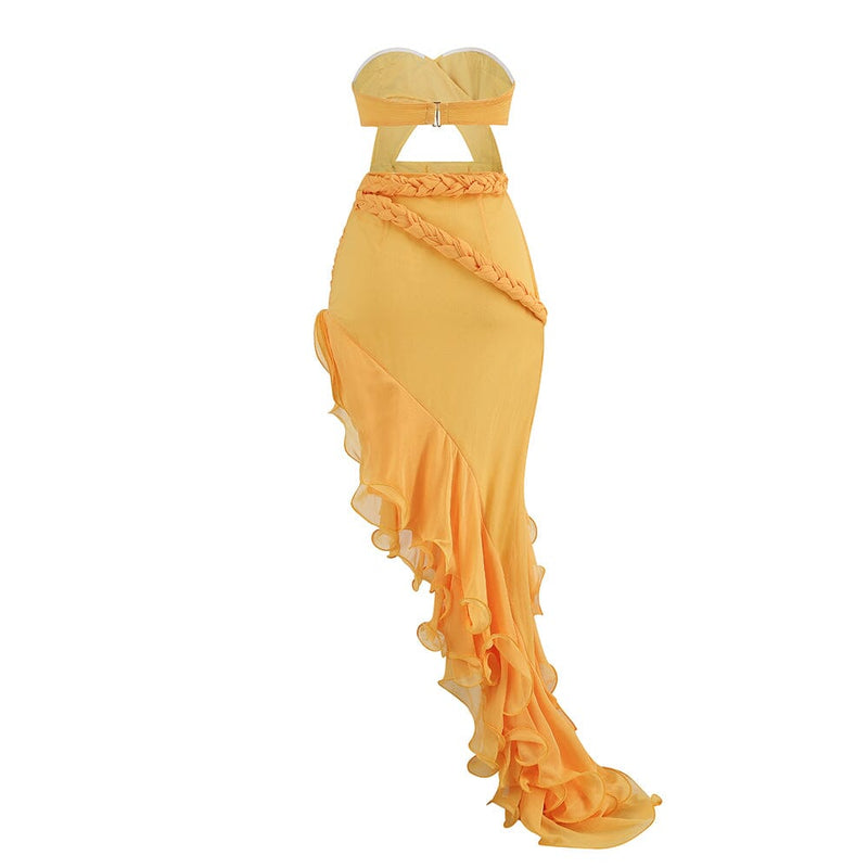 RUFFLE THIGH SLIT MAXI DRESS IN LIGHT ORANGE DRESS STYLE OF CB 