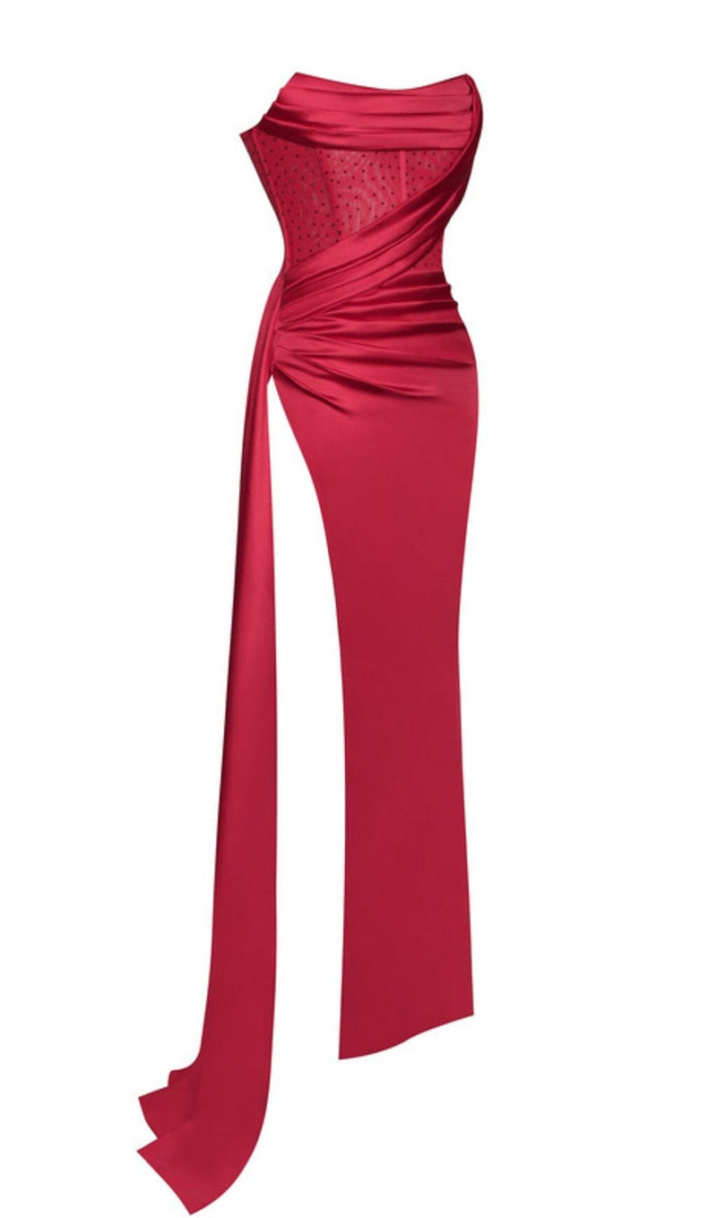 HOLLY RED CRYSTALLIZED CORSET HIGH SLIT SATIN GOWN prom gown styleofcb 