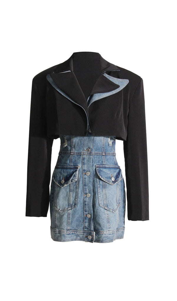 SUIT COLLAR PATCHWORK DENIM TWO-PIECE SUIT styleofcb 