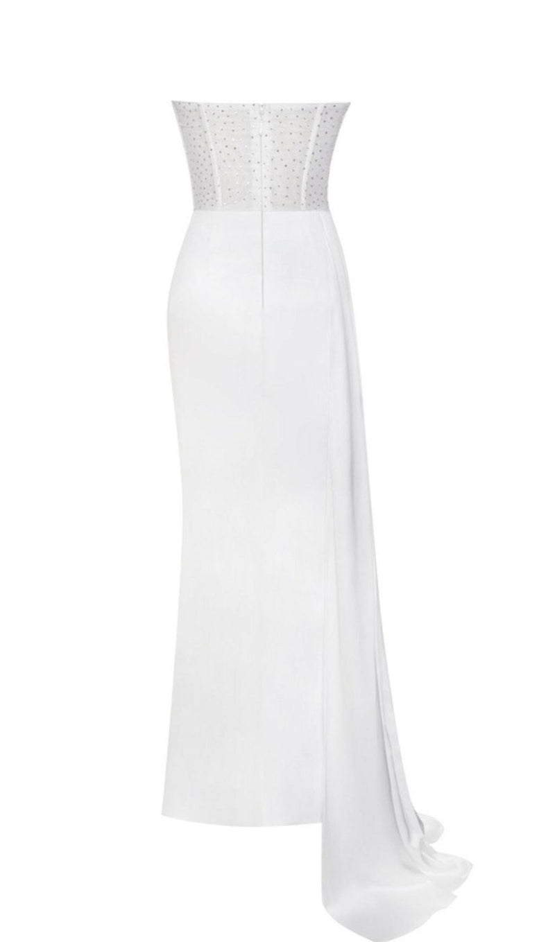 HOLLY WHITE CRYSTALLIZED CORSET HIGH SLIT SATIN GOWN Dresses styleofcb 