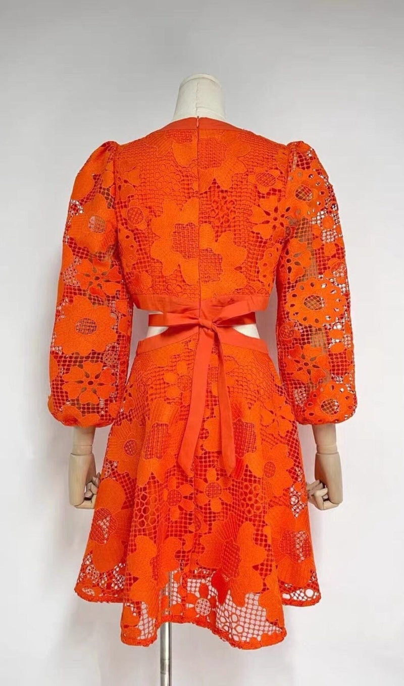 FLORAL TEXTURES CUTOUT MINI DRESS IN NEON ORANGE DRESS STYLE OF CB 