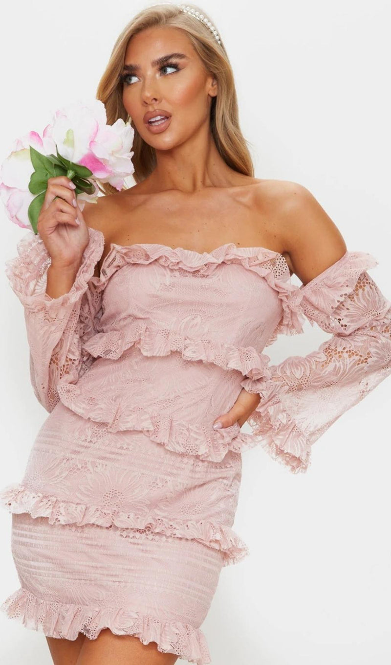 LACE TIERED FRILL DETAIL BARDOT BODYCON DRESS IN DUSTY PINK Dresses styleofcb 