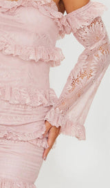 LACE TIERED FRILL DETAIL BARDOT BODYCON DRESS IN DUSTY PINK Dresses styleofcb 