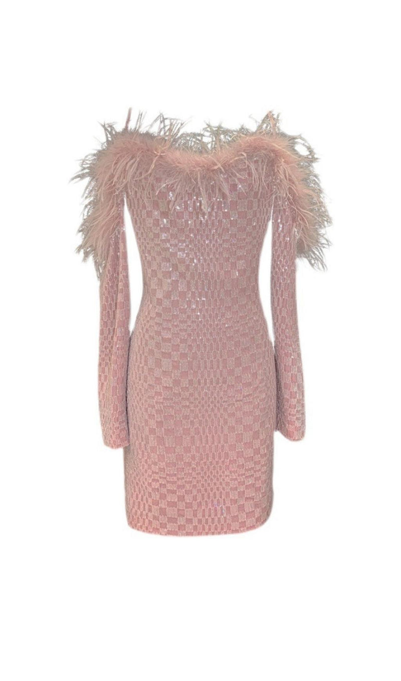 OFF SHOULDER FEATHER MINI DRESS IN PINK styleofcb 