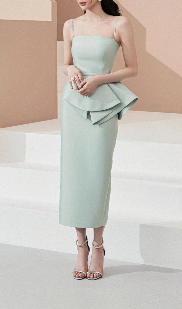 RUFFLE HIP WRAP MIDI DRESS IN MINT GREEN DRESS STYLE OF CB 