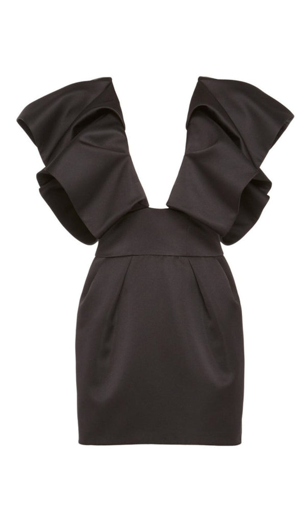 DEEP V THREE-DIMENSIONAL SHOULDER DESIGN DRESS IN BLACK styleofcb 