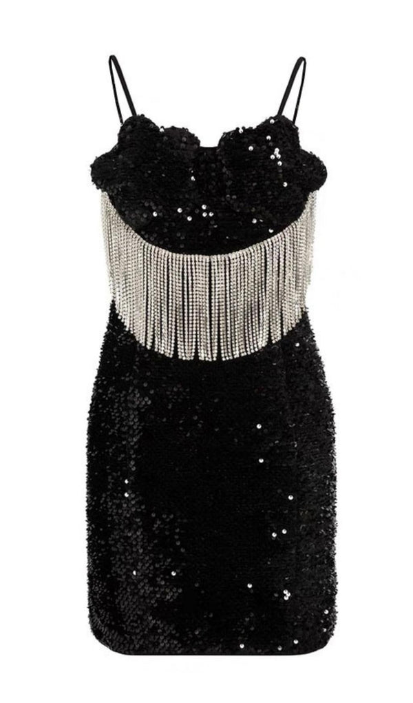 FRINGED SEQUIN MINI DRESS IN BLACK Dresses styleofcb 