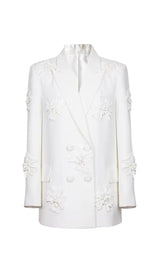 DOUBLE-BREASTED THREE DIMENSIONAL FLORAL SUIT JACKET IN WHITE styleofcb 