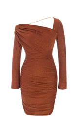 GLIT PLEATED OBLIQUE SHOULDER DRESS IN BROWN styleofcb 