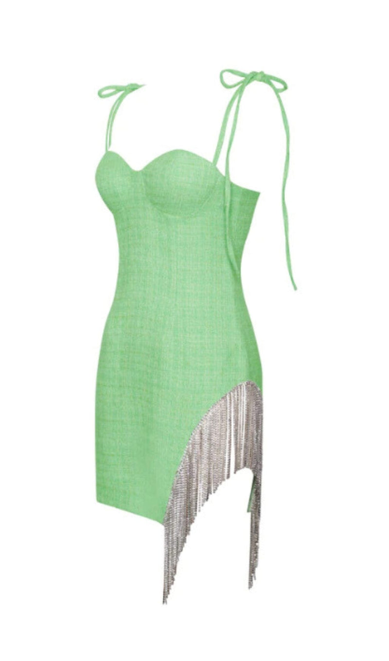 ROSIE GREEN TWEED CRYSTAL FRINGE DRESS Dresses styleofcb 