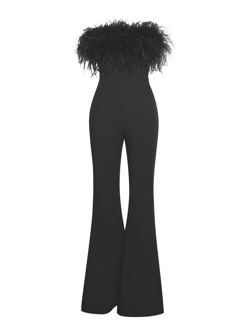 FEATHER JUMPSUIT IN BLACK DRESS styleofcb 