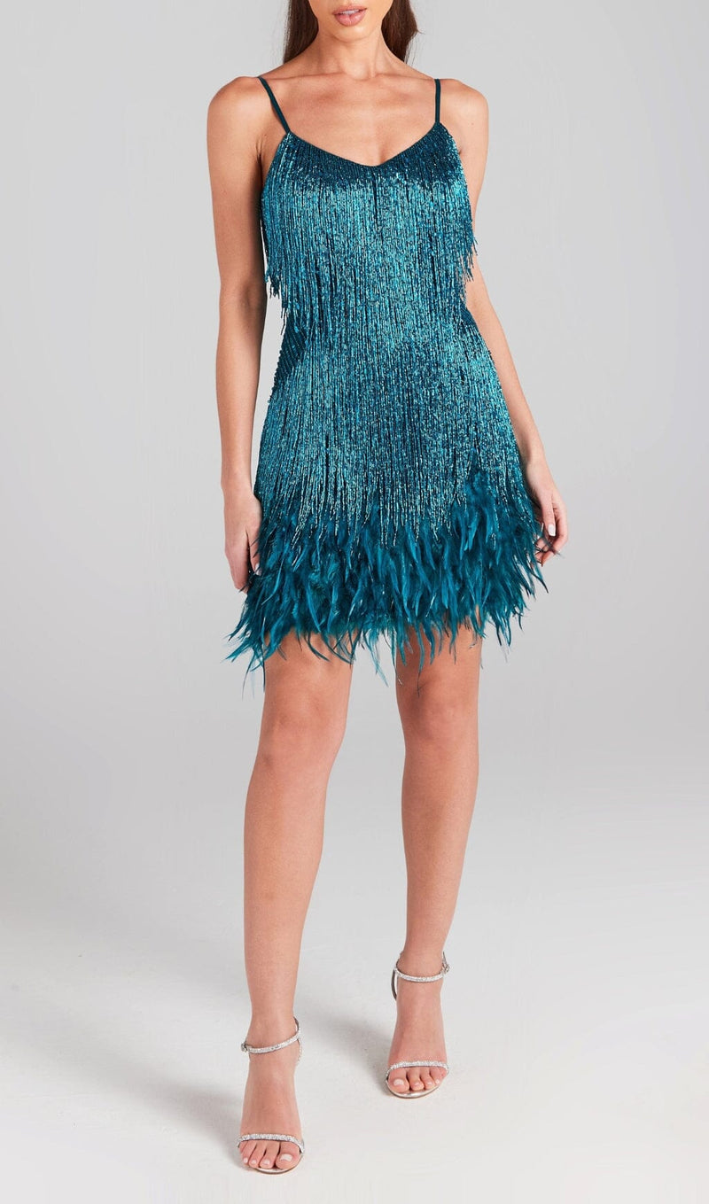 Tassel Feather Mini Dress In Emerald Dresses styleofcb 