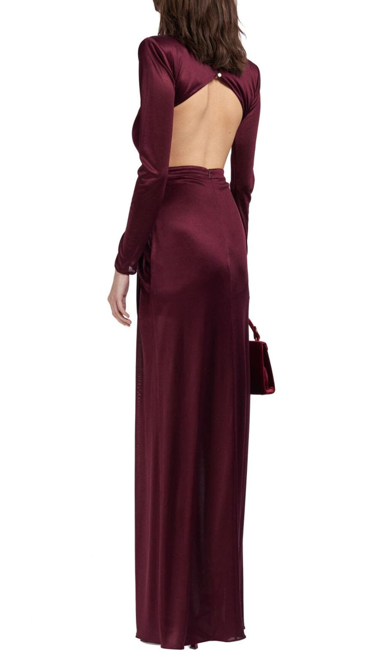 SATIN HOLLOW OUT LONG SLEEVE MAXI DRESS IN RED styleofcb 