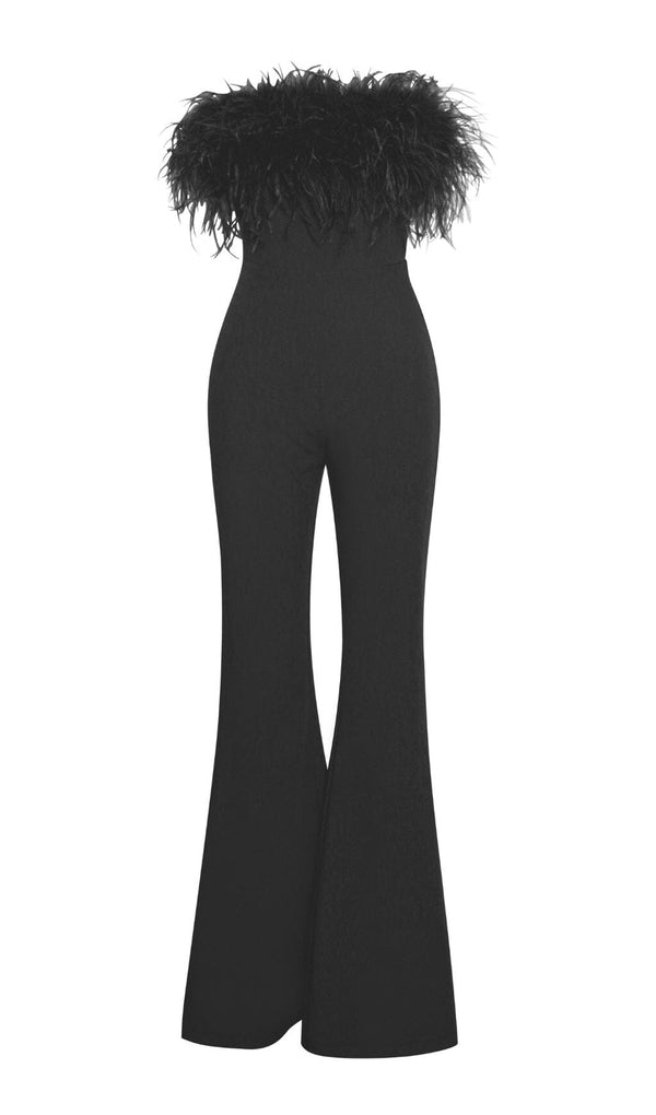 FEATHER JUMPSUIT IN BLACK DRESS styleofcb 