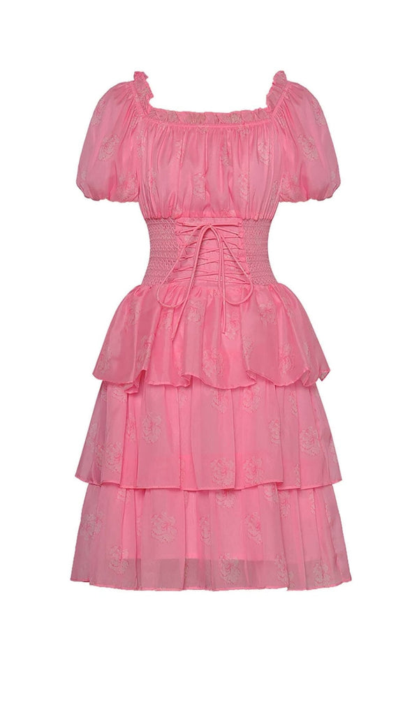 PUFF SLEEVE TIERED MIDI DRESS IN PINK styleofcb 