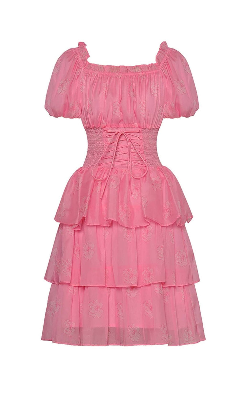 PUFF SLEEVE TIERED MIDI DRESS IN PINK styleofcb 