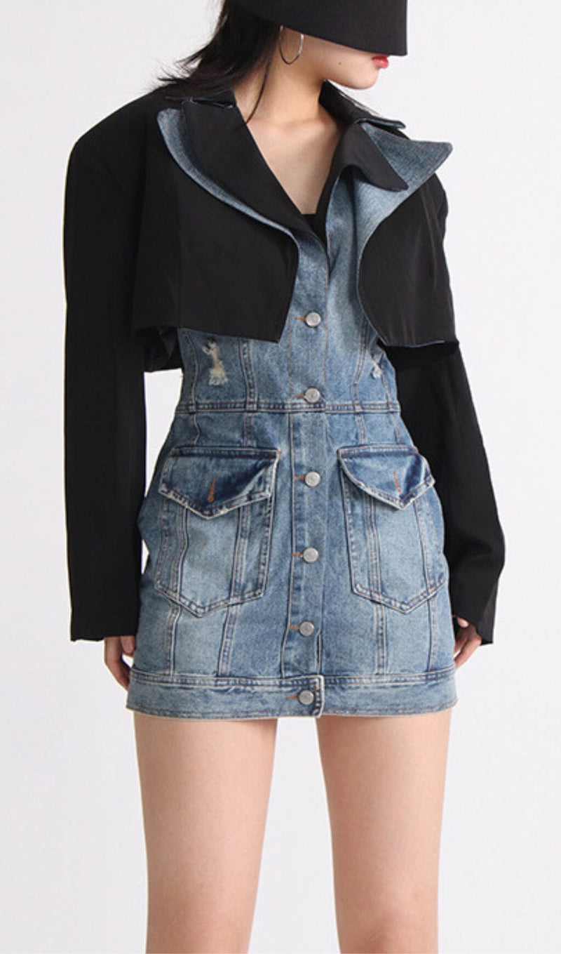 SUIT COLLAR PATCHWORK DENIM TWO-PIECE SUIT styleofcb 