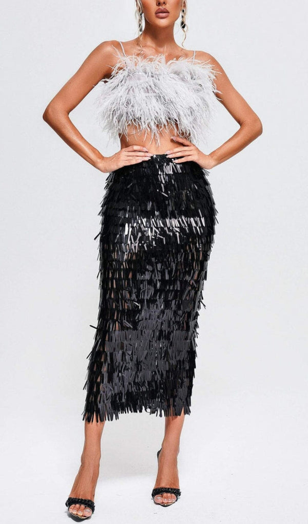 FEATHER TOP SEQUIN MIDI DRESS IN BLACK DRESS STYLE OF CB 