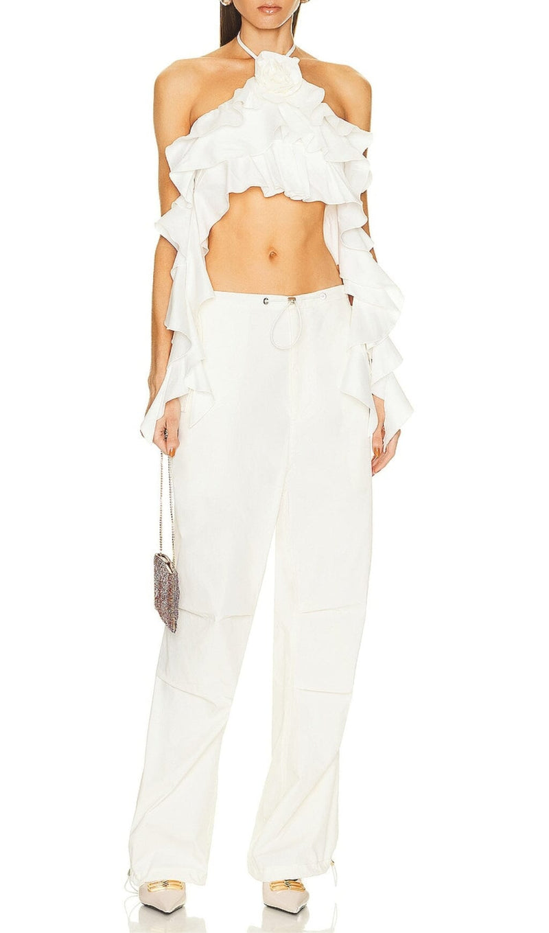 RUFFLE-DETAIL HALTER CROP TOP IN WHITE DRESS STYLE OF CB 
