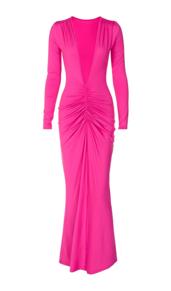 V NECK RUCHED MAXI DRESS IN HOT PINK Dresses styleofcb 