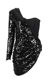 ASYMMETRIC SEQUIN RUCHED MINI DRESS Dresses styleofcb XS BLACK 