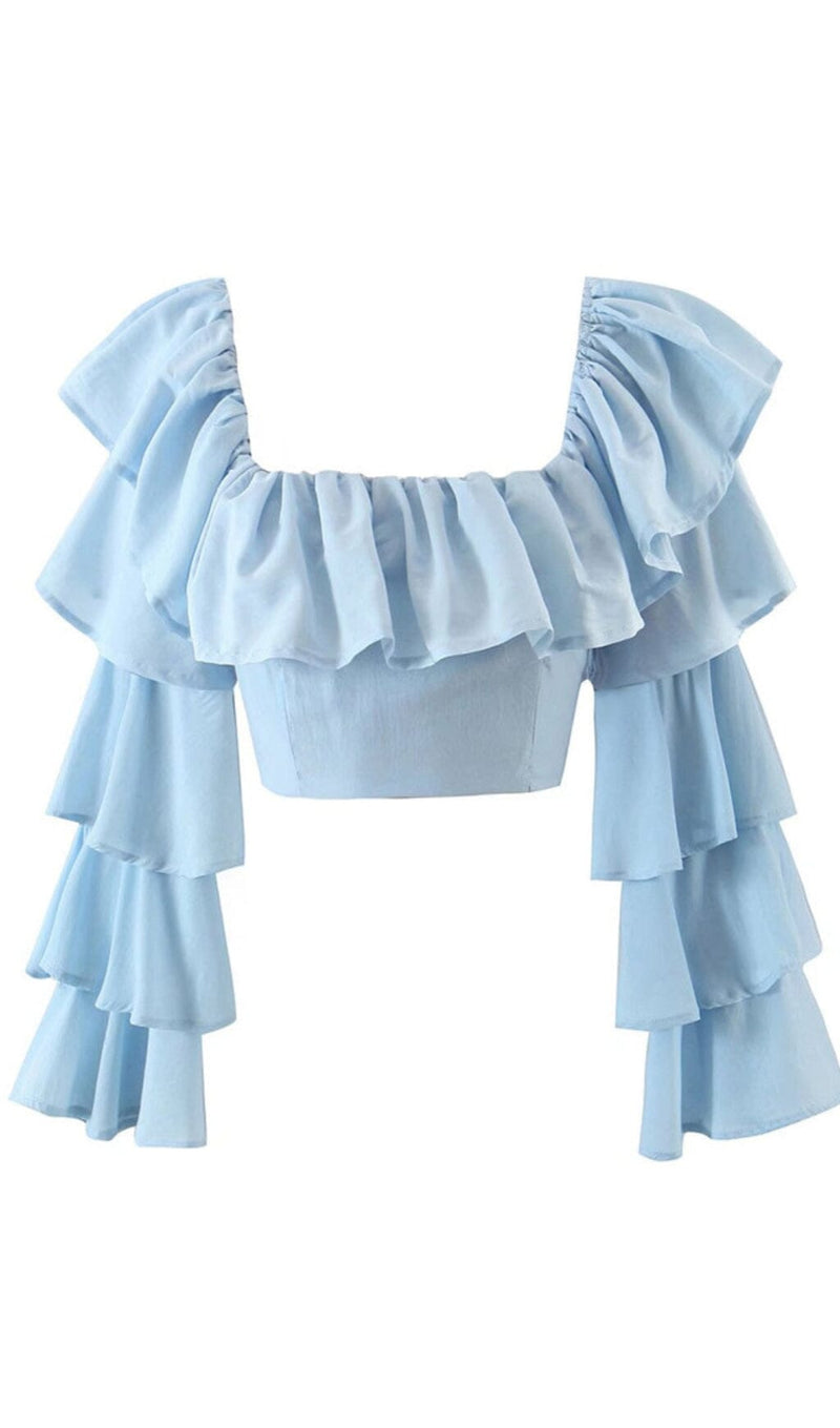 RUFFLE-TRIMMED CROP TOP DRESS STYLE OF CB S BLUE 