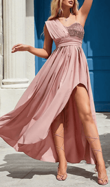 POLYESTER SEQUINS SLEEVELESS RUFFLE DRESS IN PINK styleofcb 