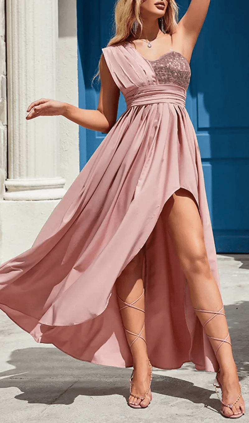 POLYESTER SEQUINS SLEEVELESS RUFFLE DRESS IN PINK styleofcb 