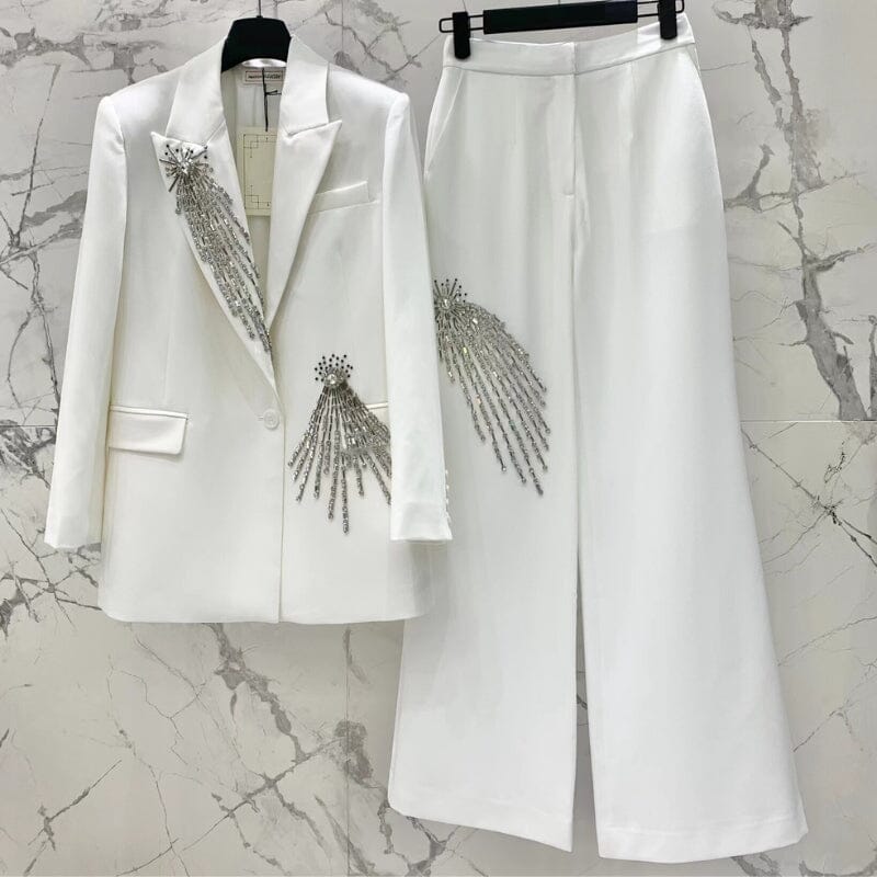 CRYSTAL EMBELLISHED CREPE SUIT SET IN WHITE STYLE OF CB 