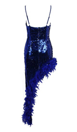 FEATHER SEQUIN MIDI DRESS IN BLUE styleofcb 