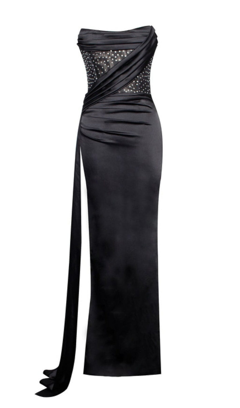 HOLLY BLACK CRYSTALLIZED CORSET HIGH SLIT SATIN GOWN Dresses styleofcb 