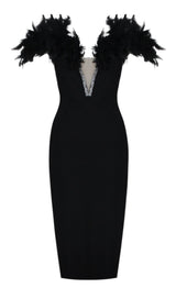 FEATHER PLUNGE MIDI DRESS IN BLACK DRESS STYLE OF CB 