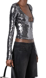 ANTHRACITE SEQUINED STRETCH-TULLE TOP TOP styleofcb 