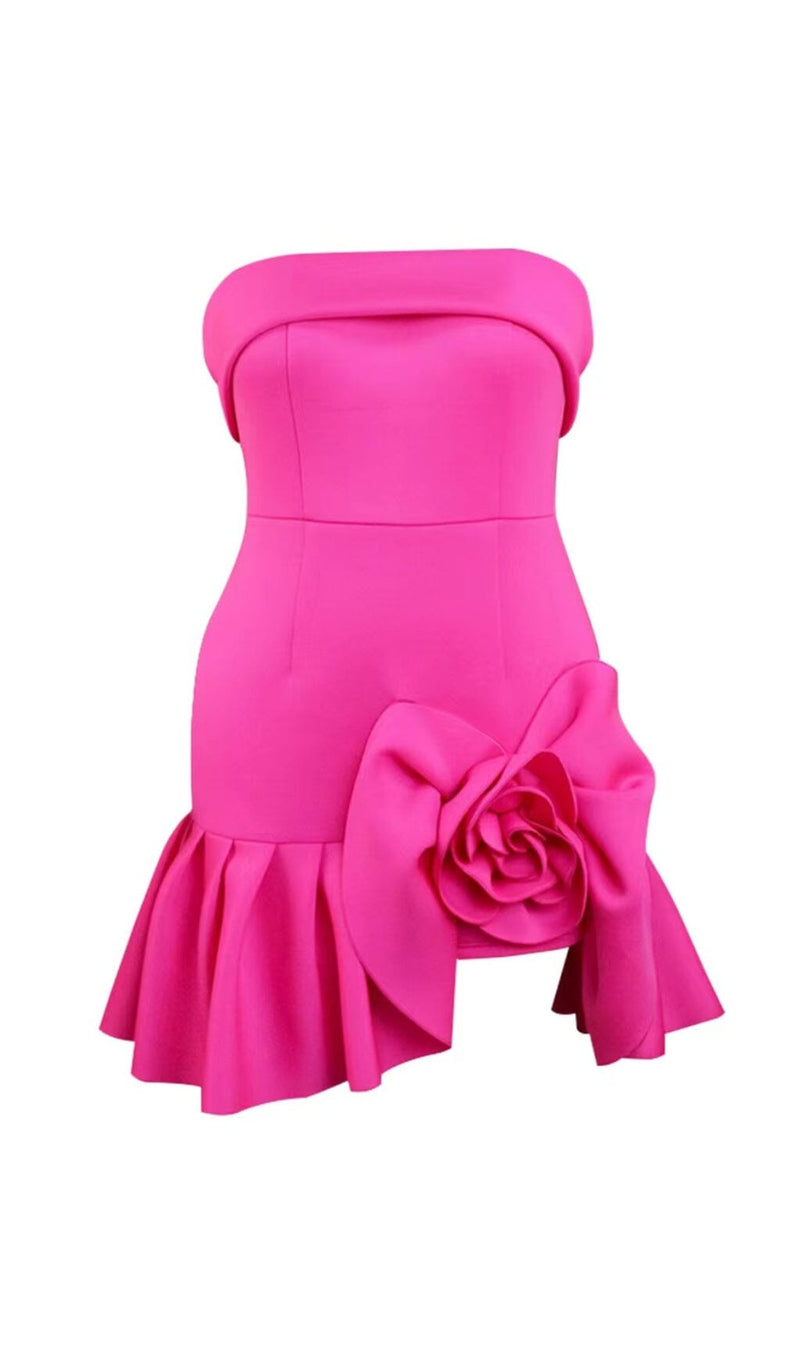 STRAPLESS FLOWER RUCHED MINI DRESS IN HOT PINK Dresses styleofcb 