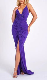 FLOWER-EMBELLISHED PLUNGE MAXI DRESS IN AMETHYST DRESS STYLE OF CB 