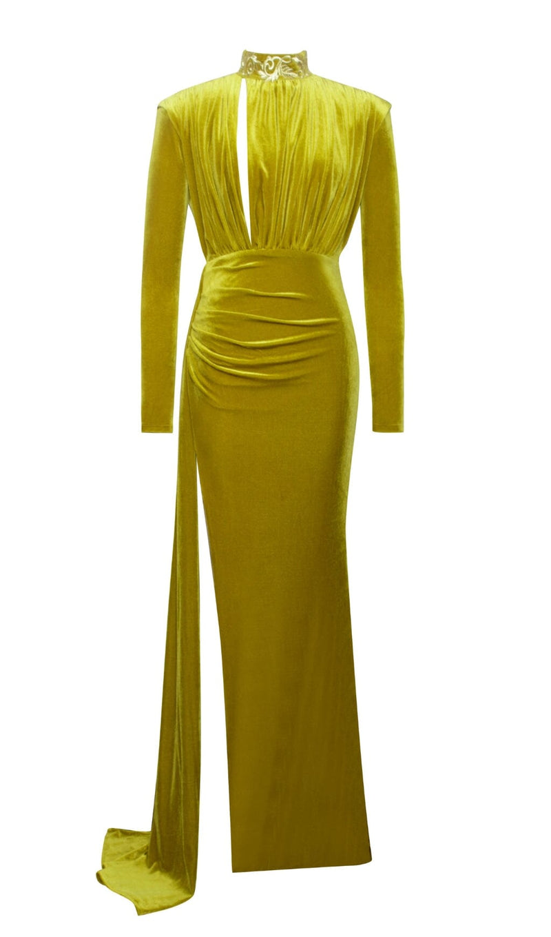 Zenaida Gold Cutout High Slit Velvet Gown Dresses styleofcb 