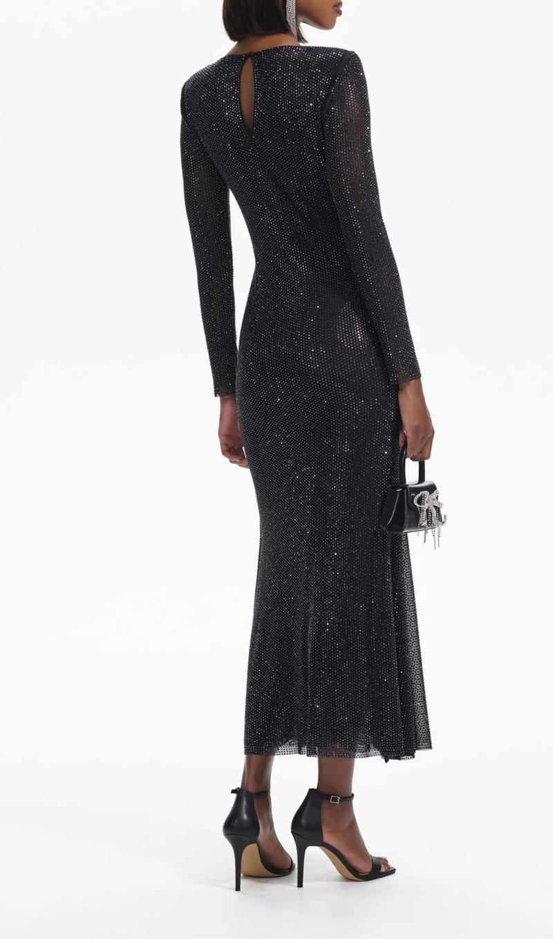 BLACK RHINESTONE MESH V-NECK MIDI DRESS