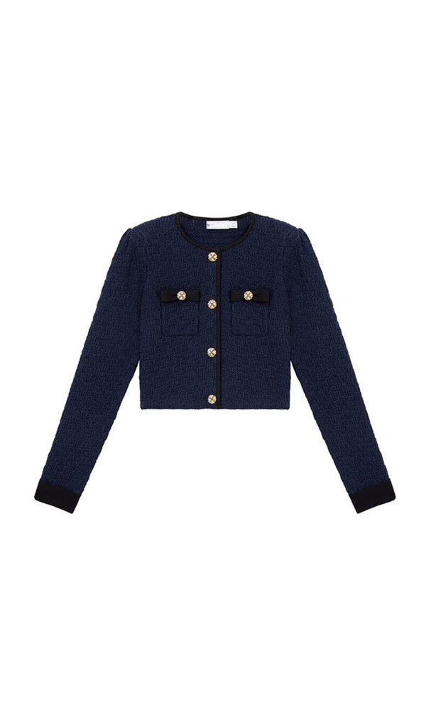 NAVY WEAVE CROPPED CARDIGAN