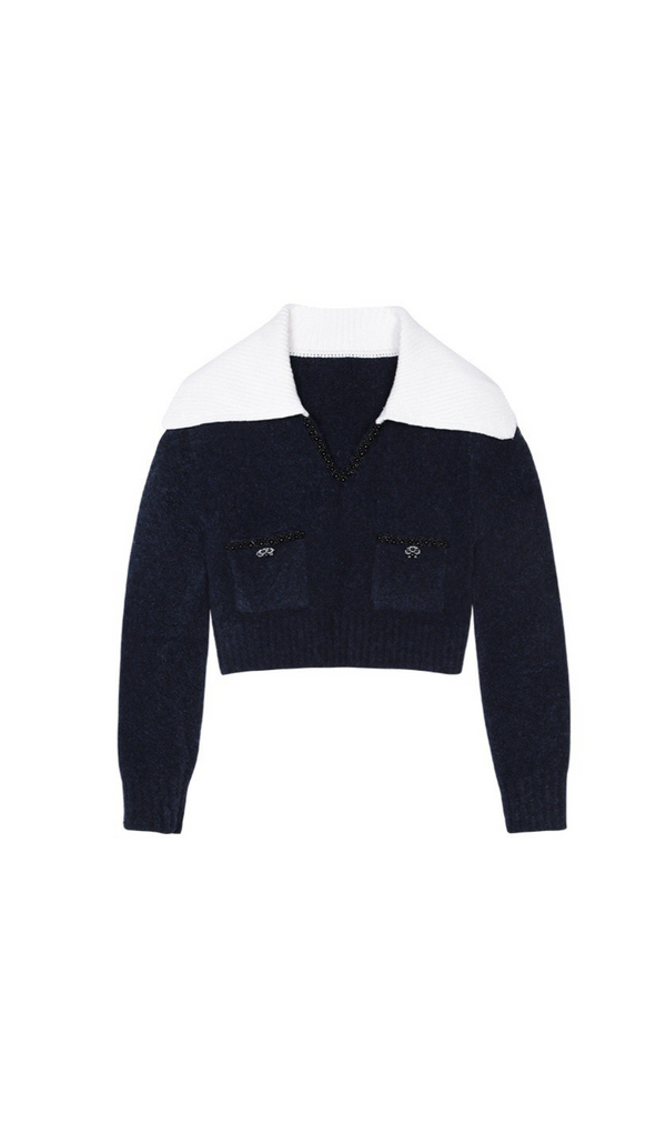 NAVY SOFT KNIT COLLAR TOP