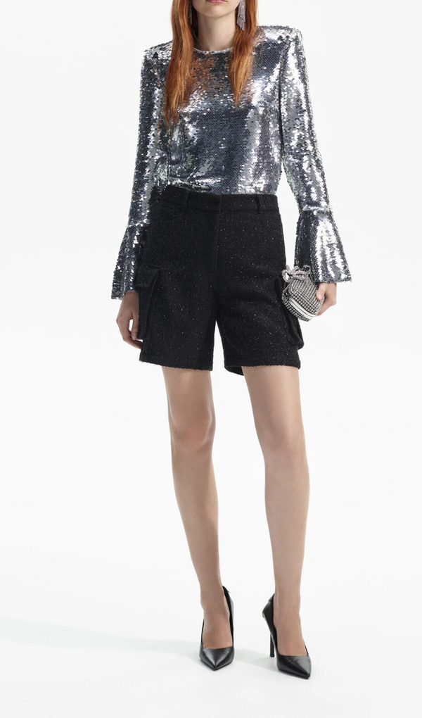 SILVER SEQUIN FLARED SLEEVE TOP