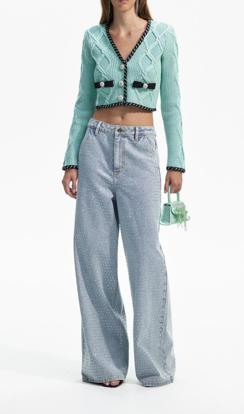 MINT CABLE KNIT CROPPED CARDIGAN