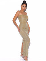 The Glint Gold Ruched Chiffon Long Maxi Dress Dresses Oh CiCi 