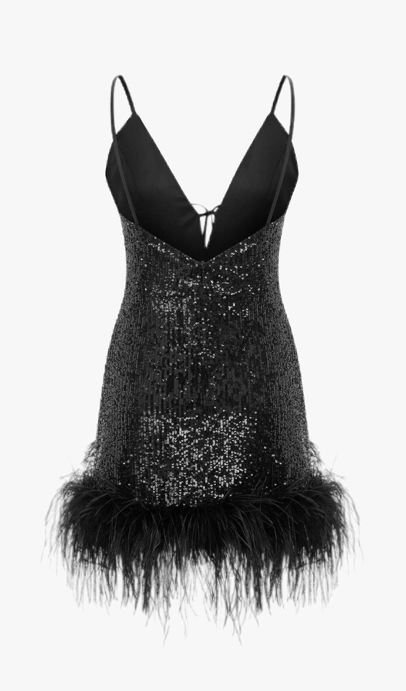 FEATHER V NECK MINI DRESS IN BLACK DRESS STYLE OF CB 