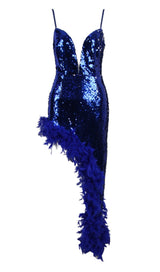 FEATHER SEQUIN MIDI DRESS IN BLUE styleofcb 